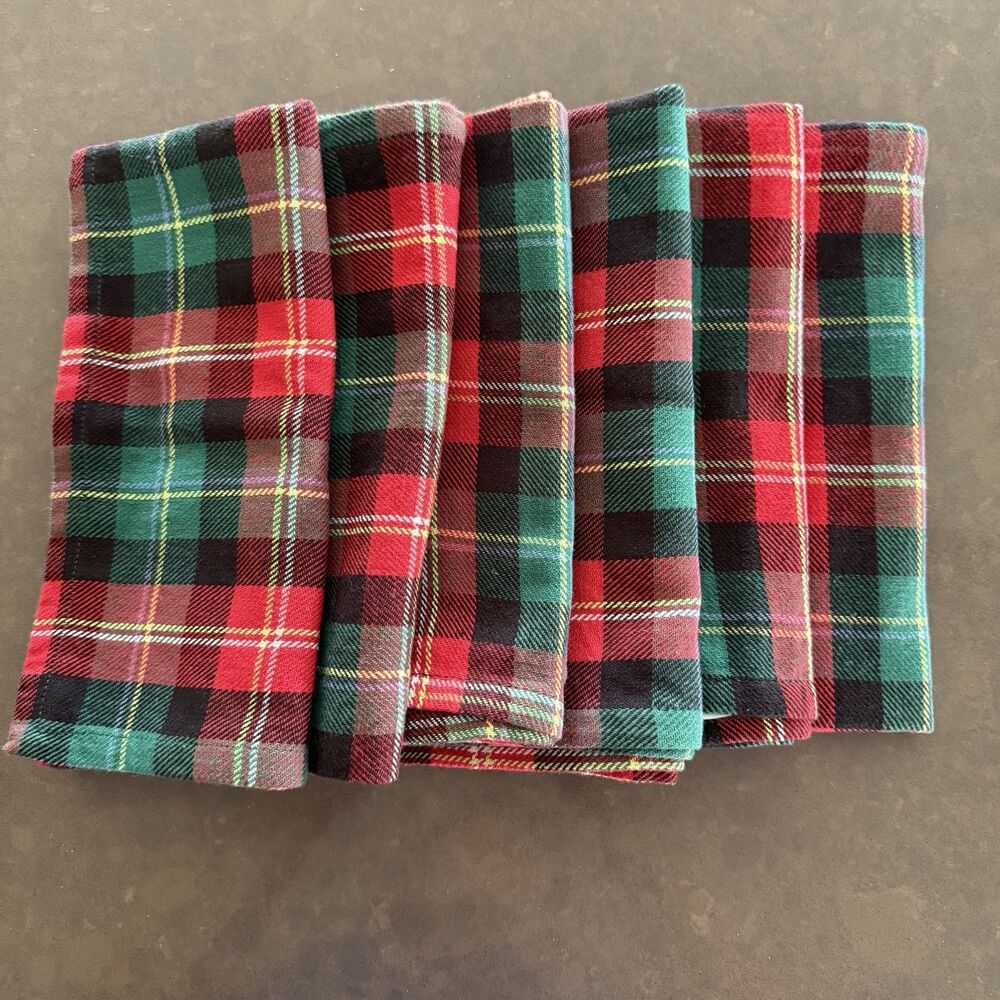 World Market Six (6) Woven Cloth Napkins Holiday Plaid Red Green 20x20” Cotton